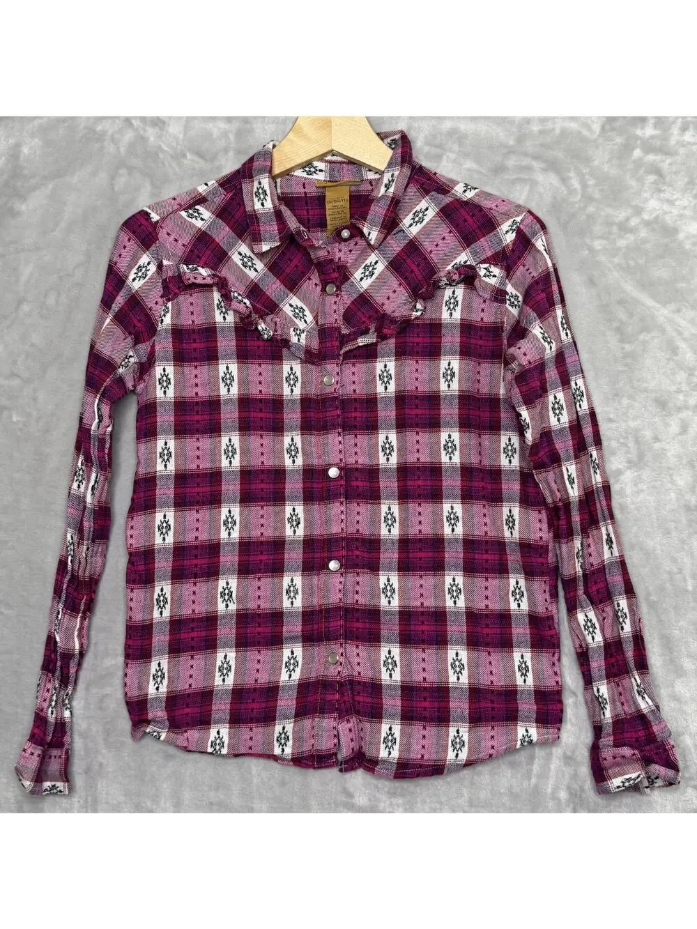 Wrangler Shirt Girls XXL Pink Plaid Western Pearl Snap Long Sleeve Ruffle Trim